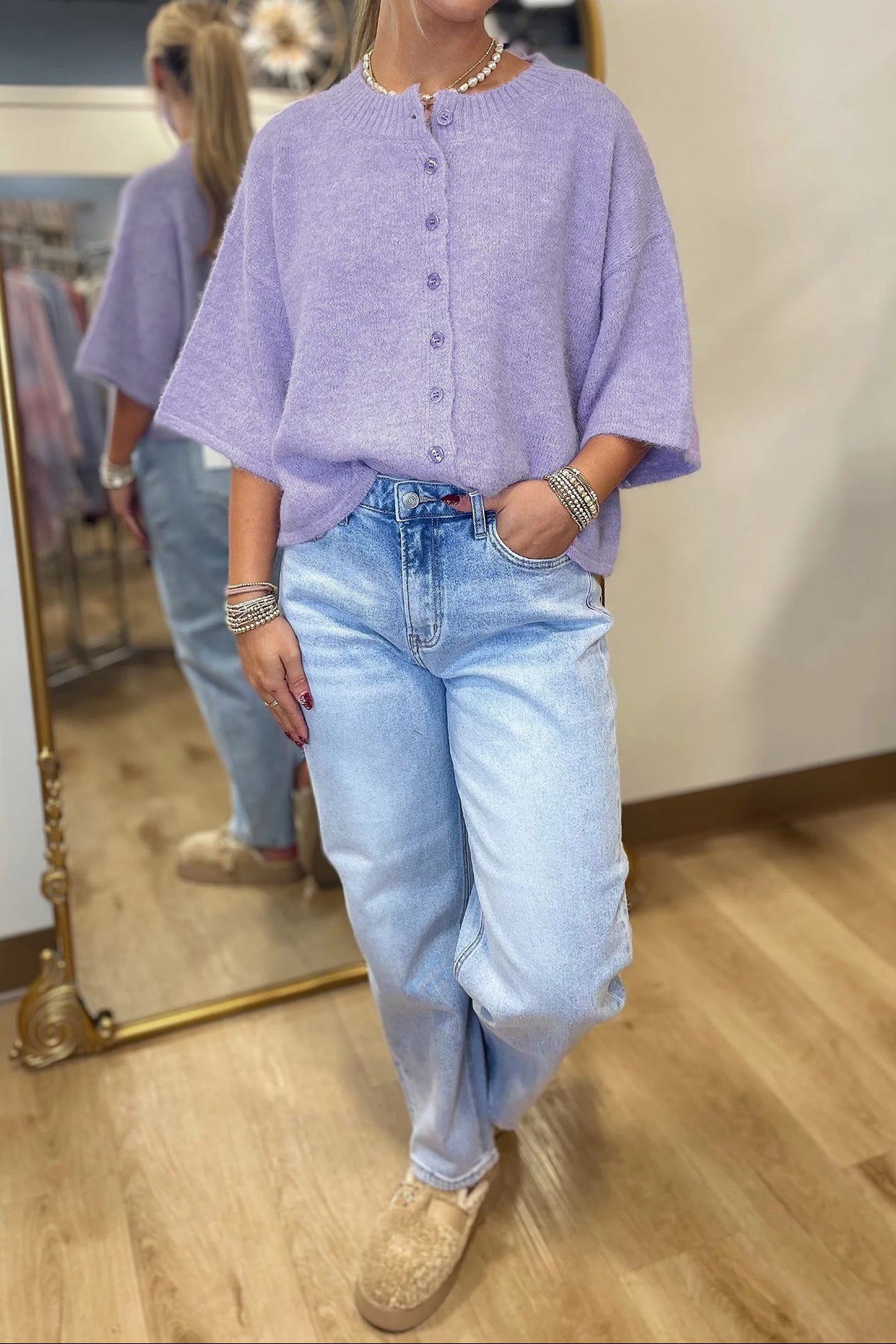 Lavendula 3/4 Sleeve Boxy Knit Button Down Sweater Cardigan