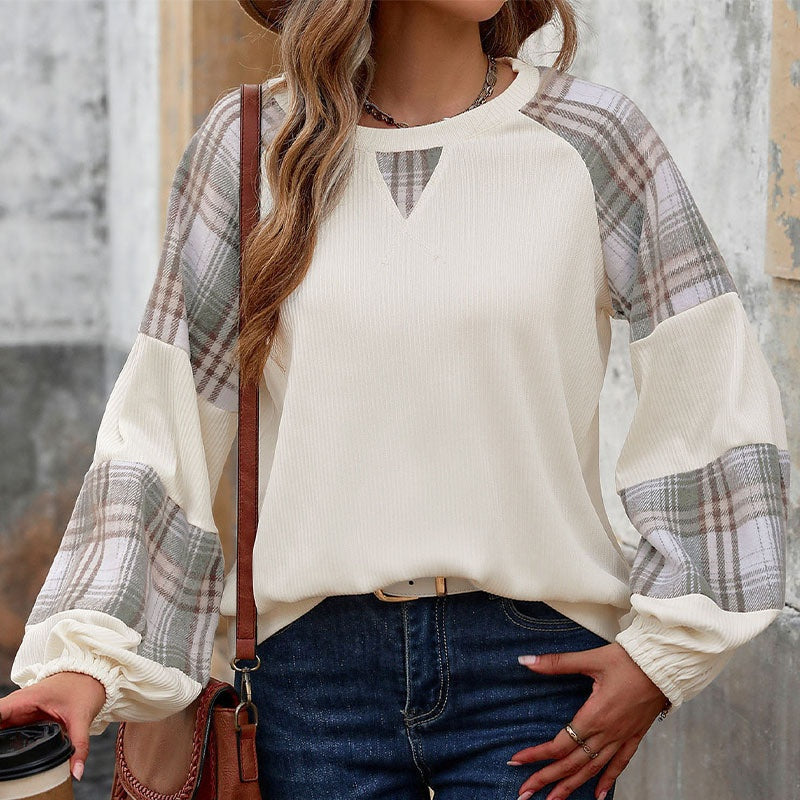 Plaid Patchwork Sleeve Pullover Top