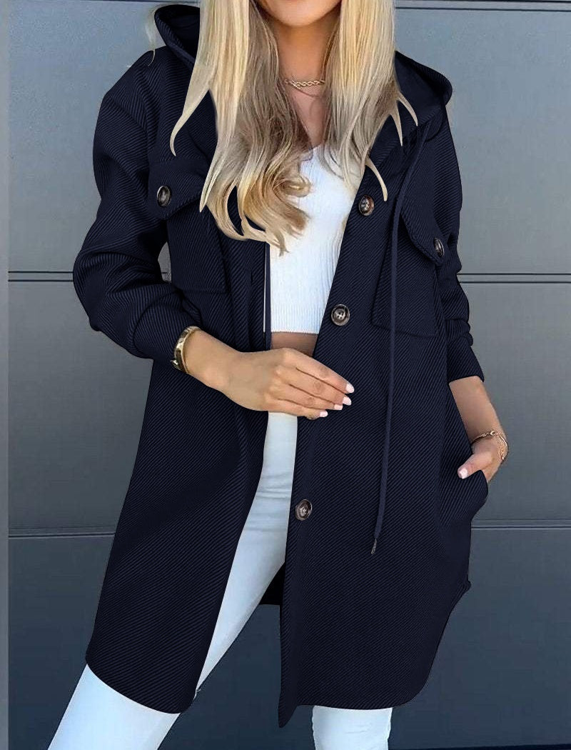 Button-Up Hooded Knit Long Coat