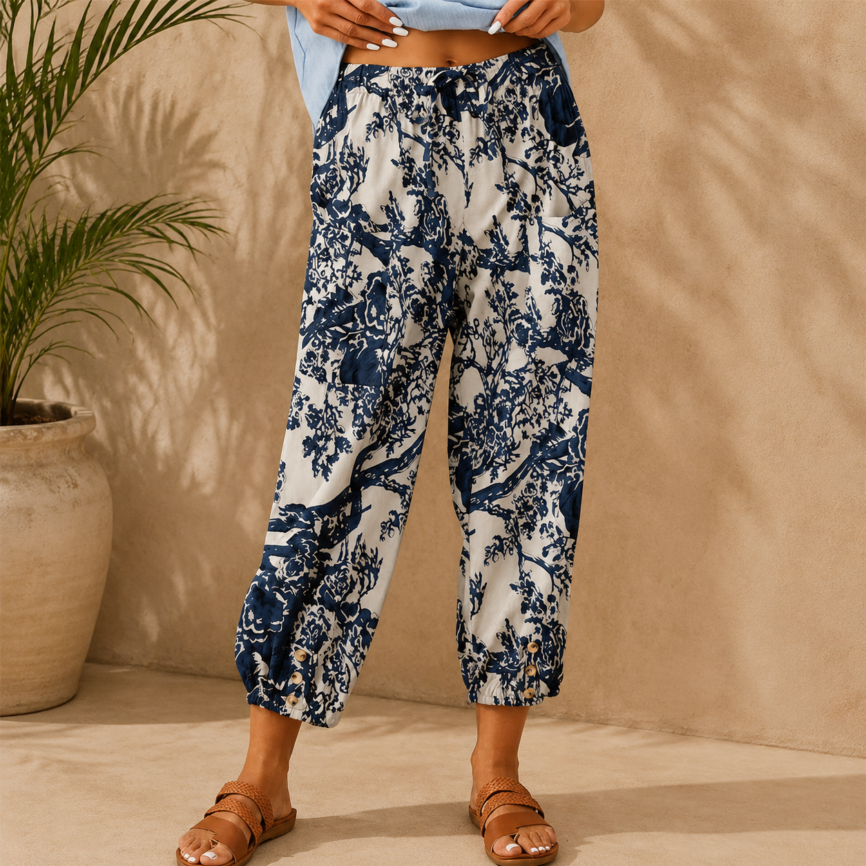 Linen Drawstring Cropped Jogger Pants | High Waist Casual Trousers