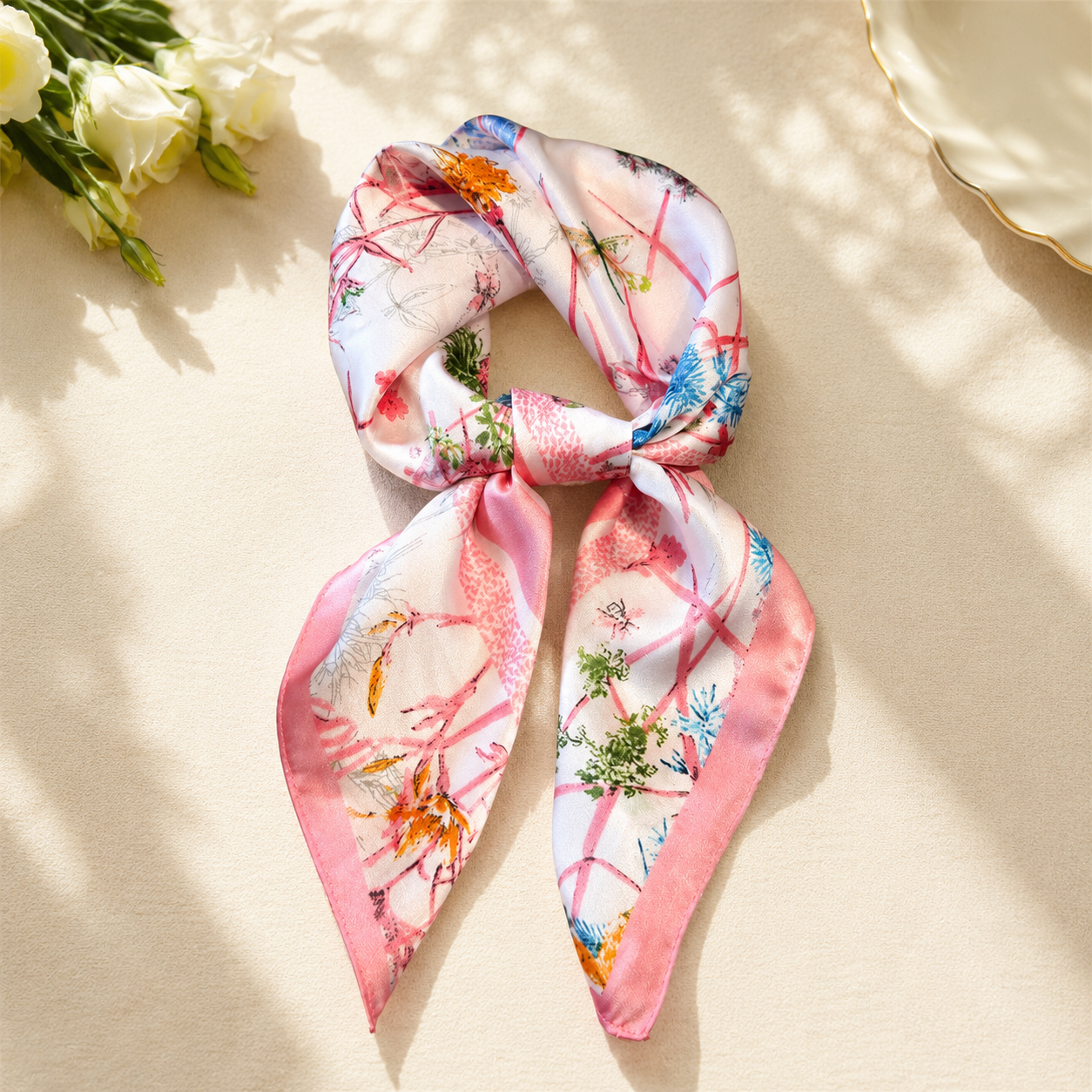 Printed Square Silk-Feel Scarf | Versatile Neck & Hair Accessory