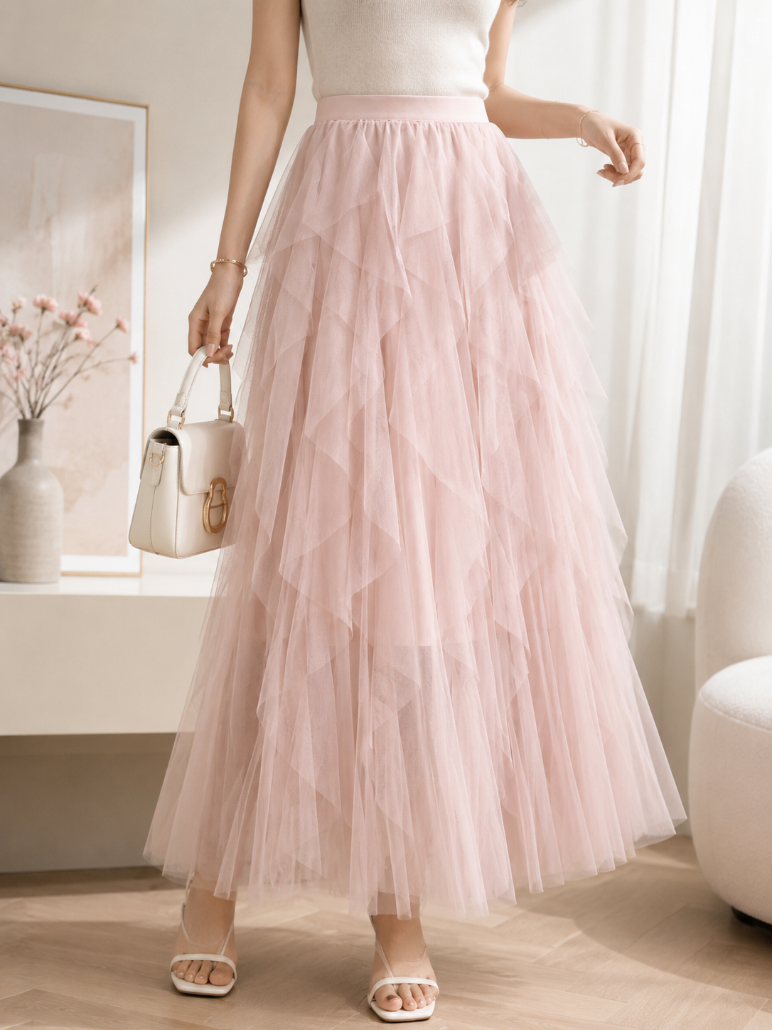 Asymmetrical Layered Mesh Midi Skirt | Romantic Tiered Cake Skirt