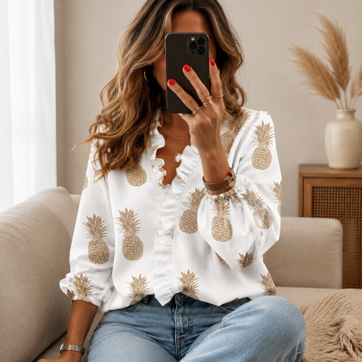 Printed Ruffle Long Sleeve Blouse | Elegant Lantern Sleeve Spring Top