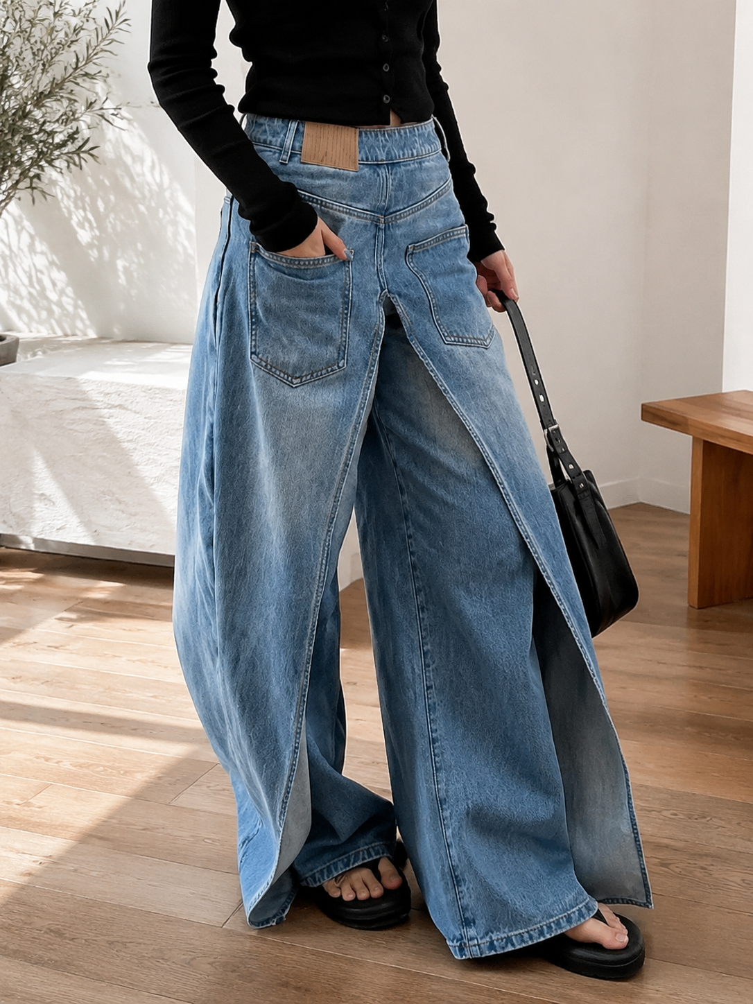 Reversible Wide-Leg Denim Pants | Patchwork Straight-Leg Punk Jeans