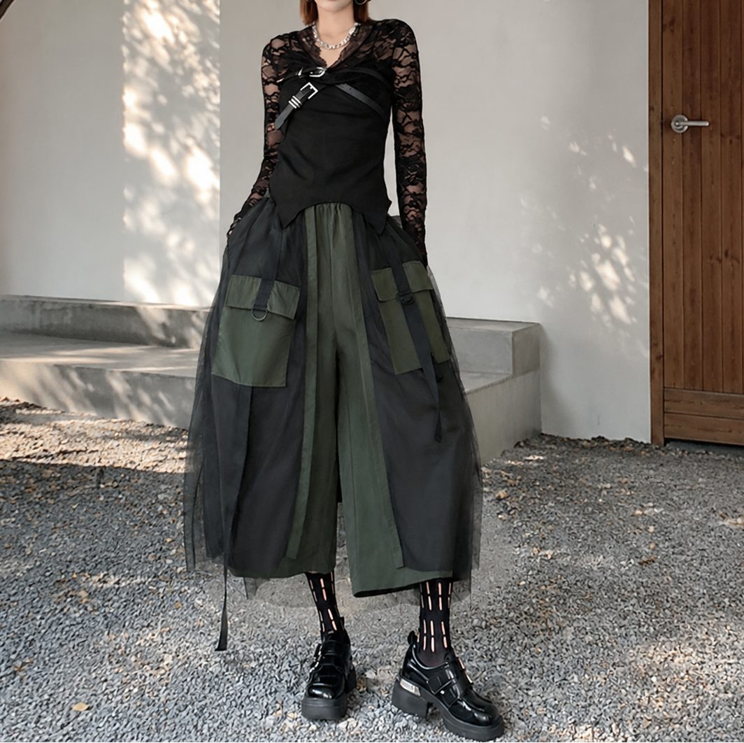 Mesh Patchwork Wide-Leg Cargo Cropped Pants | Casual Utility Summer Trousers