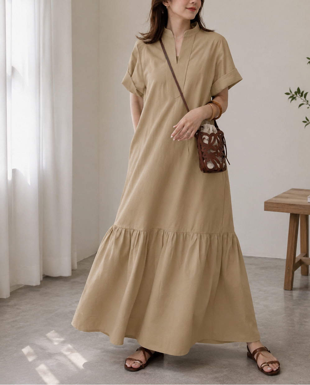 Stand Collar V-Neck Mermaid Maxi Dress | Elegant Pleated Short Sleeve Dress