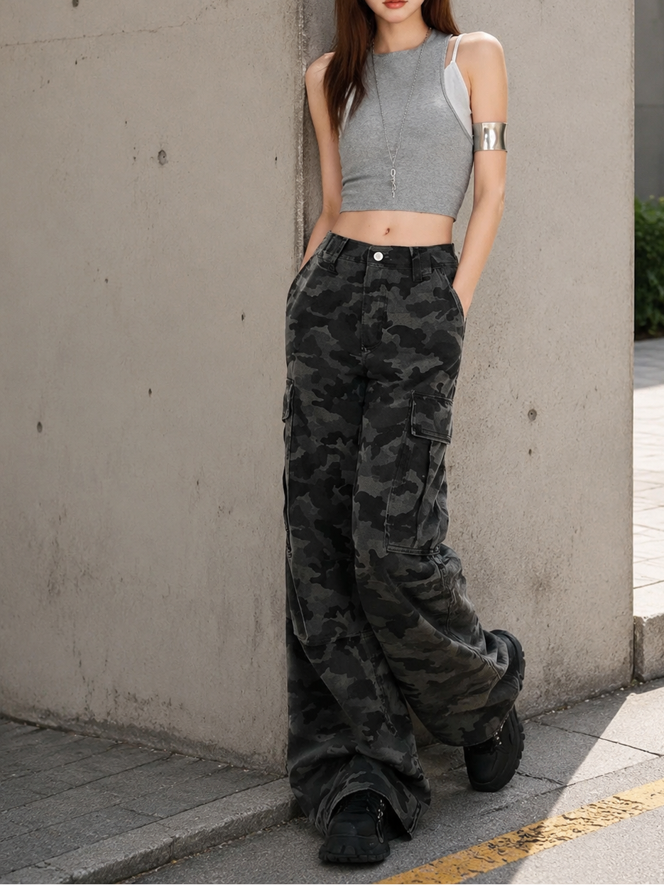 Camouflage Cargo Wide-Leg Denim Pants | Multi-Pocket Utility Trousers