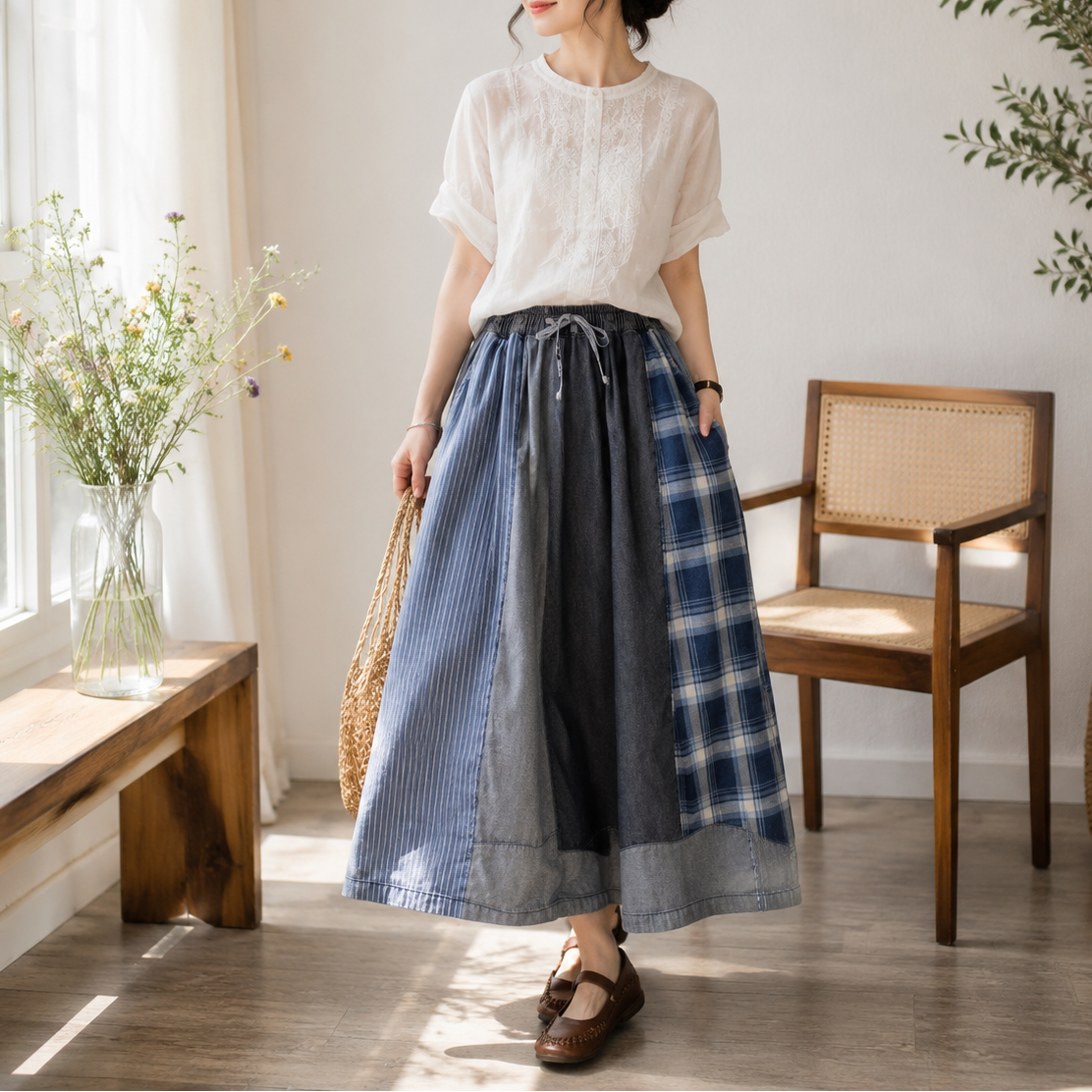 Patchwork Wide-Leg Denim Pants | Elastic Waist Drawstring Vintage Trousers