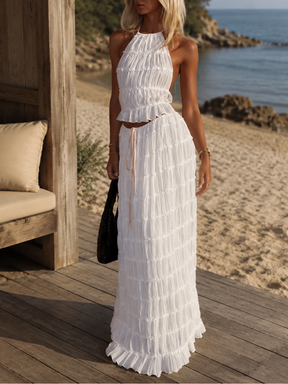 Elegant Chiffon Halter Two-Piece Skirt Set | Flowing Ruffle Vacation Outfit