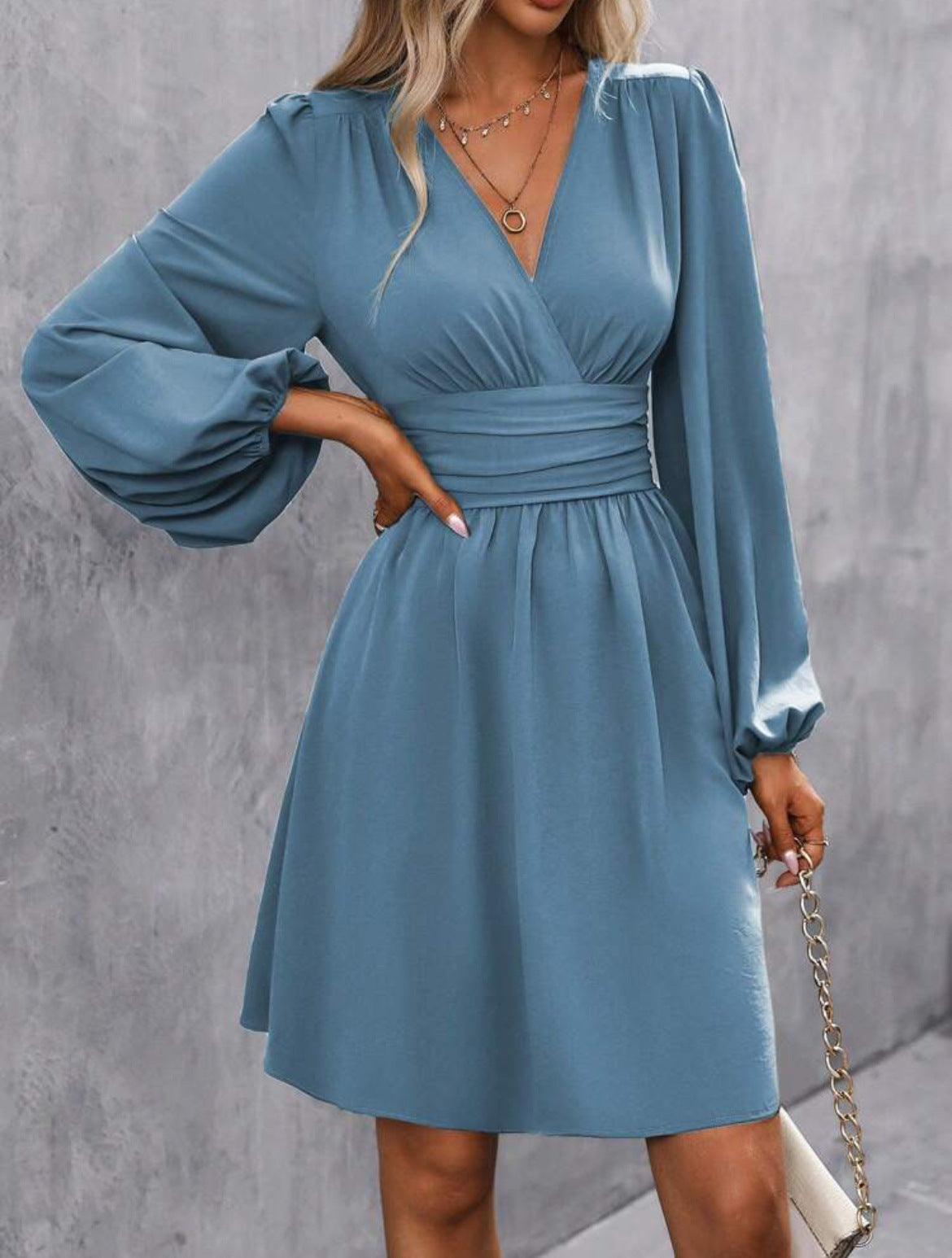 V-Neck Puff Sleeve A-Line Dress