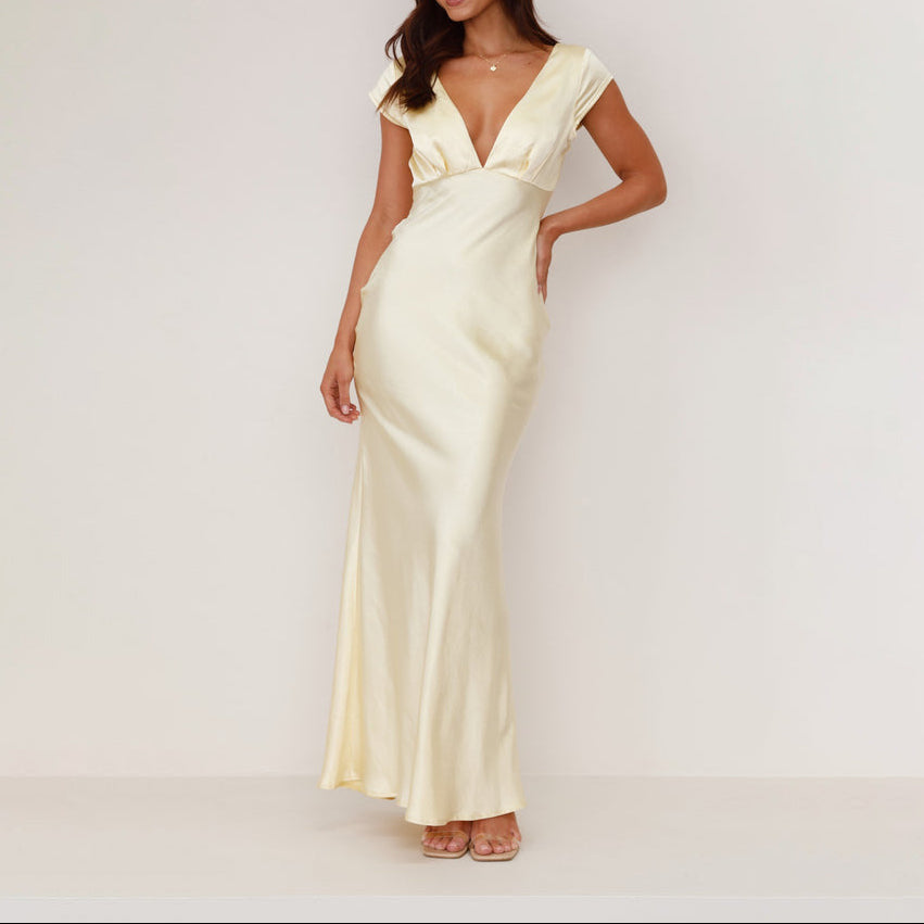 Women Deep V Neck Backless Slim Fit Midi Dress