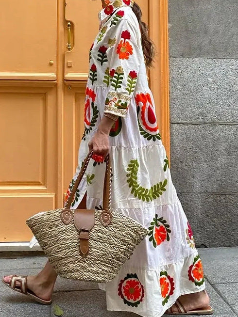 V Neck Printed Long Sleeve Street Style Dress