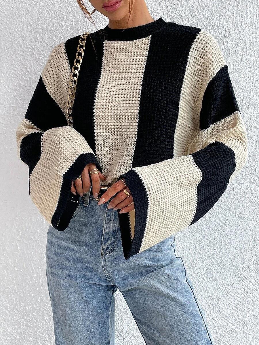 Striped Knit Sweater Women Crew Neck Pullover