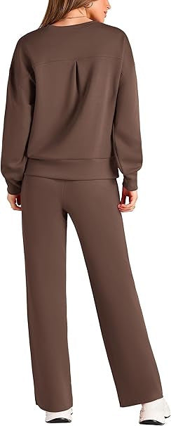 Women’s Two Piece Sweatsuit – Long Sleeve Pullover and Drawstring Wide Leg Pants Set