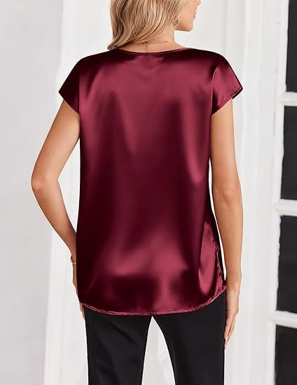 Solid Satin V Neck Pullover T Shirt