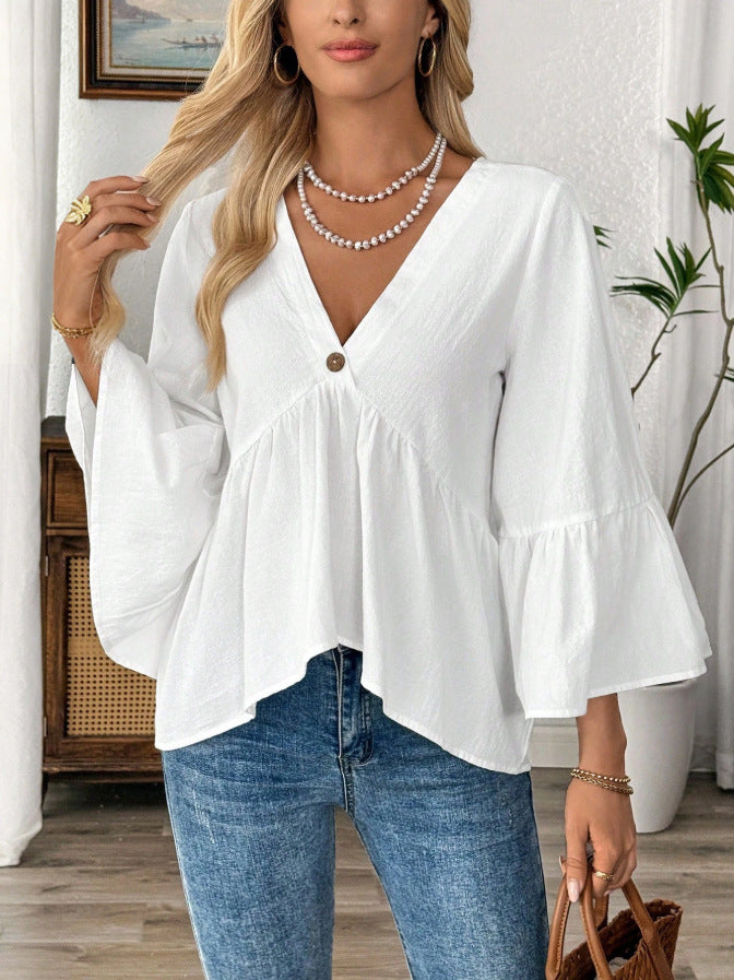 Women Solid V-Neck Ruffle Sleeve Cotton Top