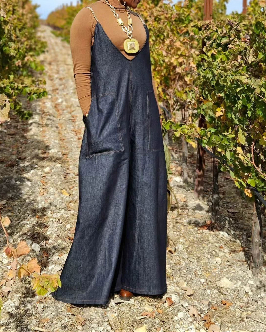 Metal Strap Faux Denim Pocket Jumpsuit