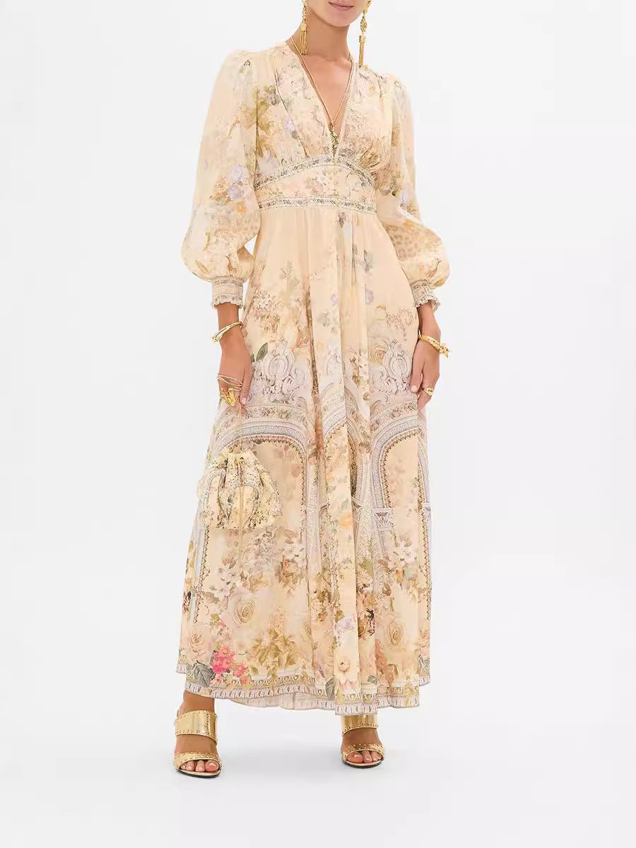 Printed V-Neck Long Sleeve Chiffon Dress