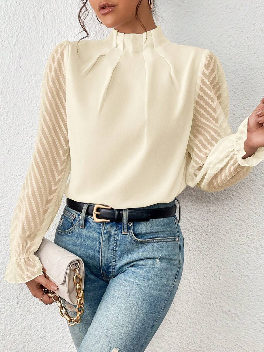 Chevron Sleeve Pleated Collar Blouse