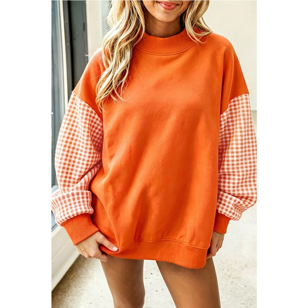 Women's Gingham Sleeve Pullover, Relaxed Fit Mock Neck Top with Ribbed Trim