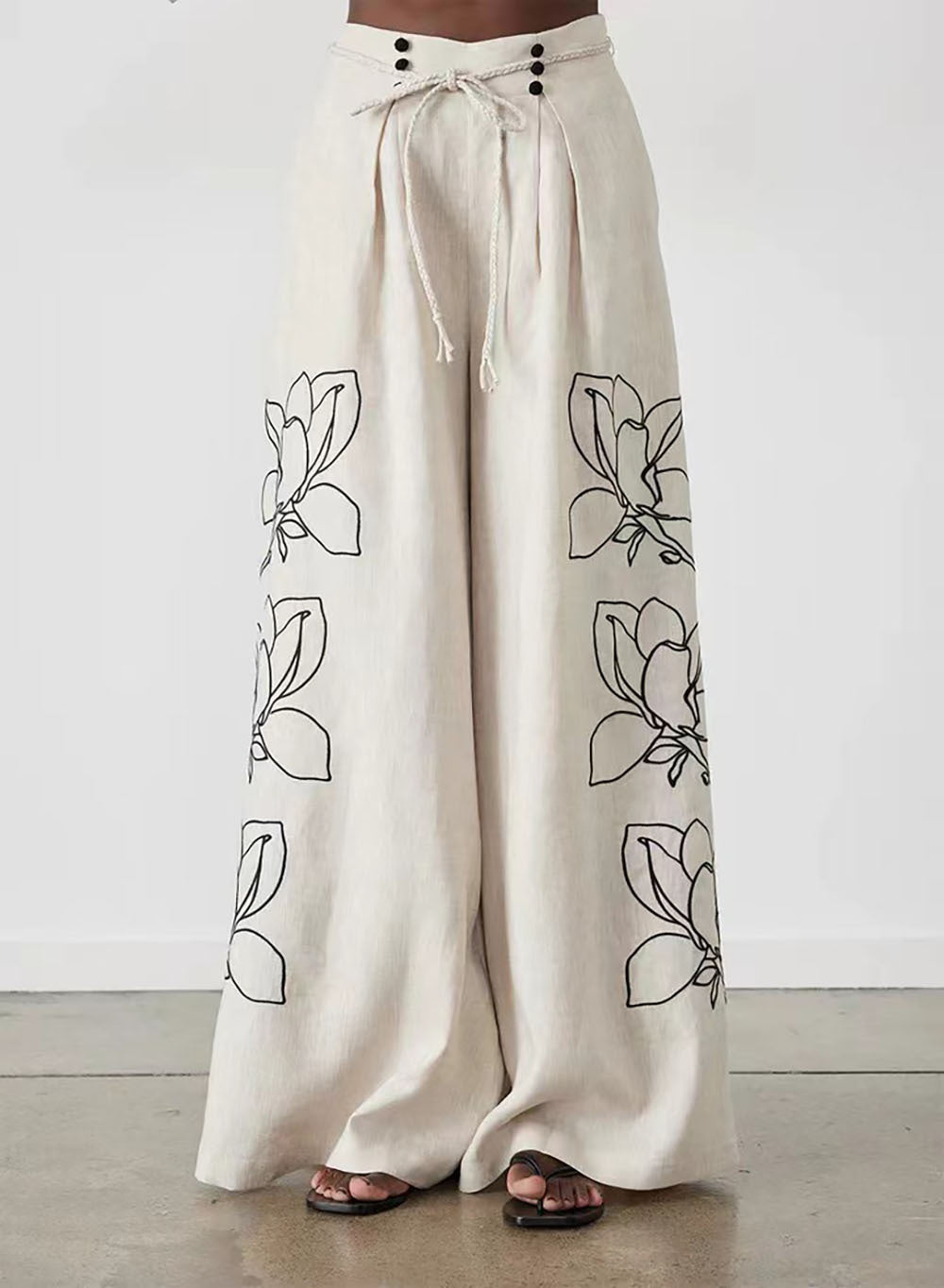 Embroidered Cotton Linen Wide-Leg Set