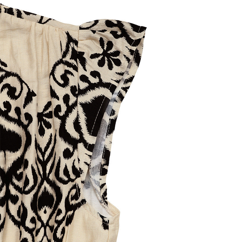 Boho Print V Neck Maxi Dress High Waist Ruffle Sleeve