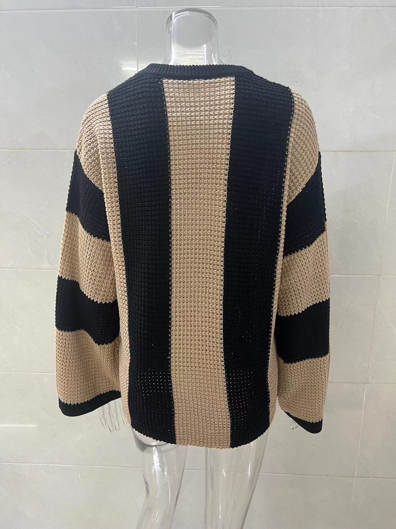 Striped Knit Sweater Women Crew Neck Pullover