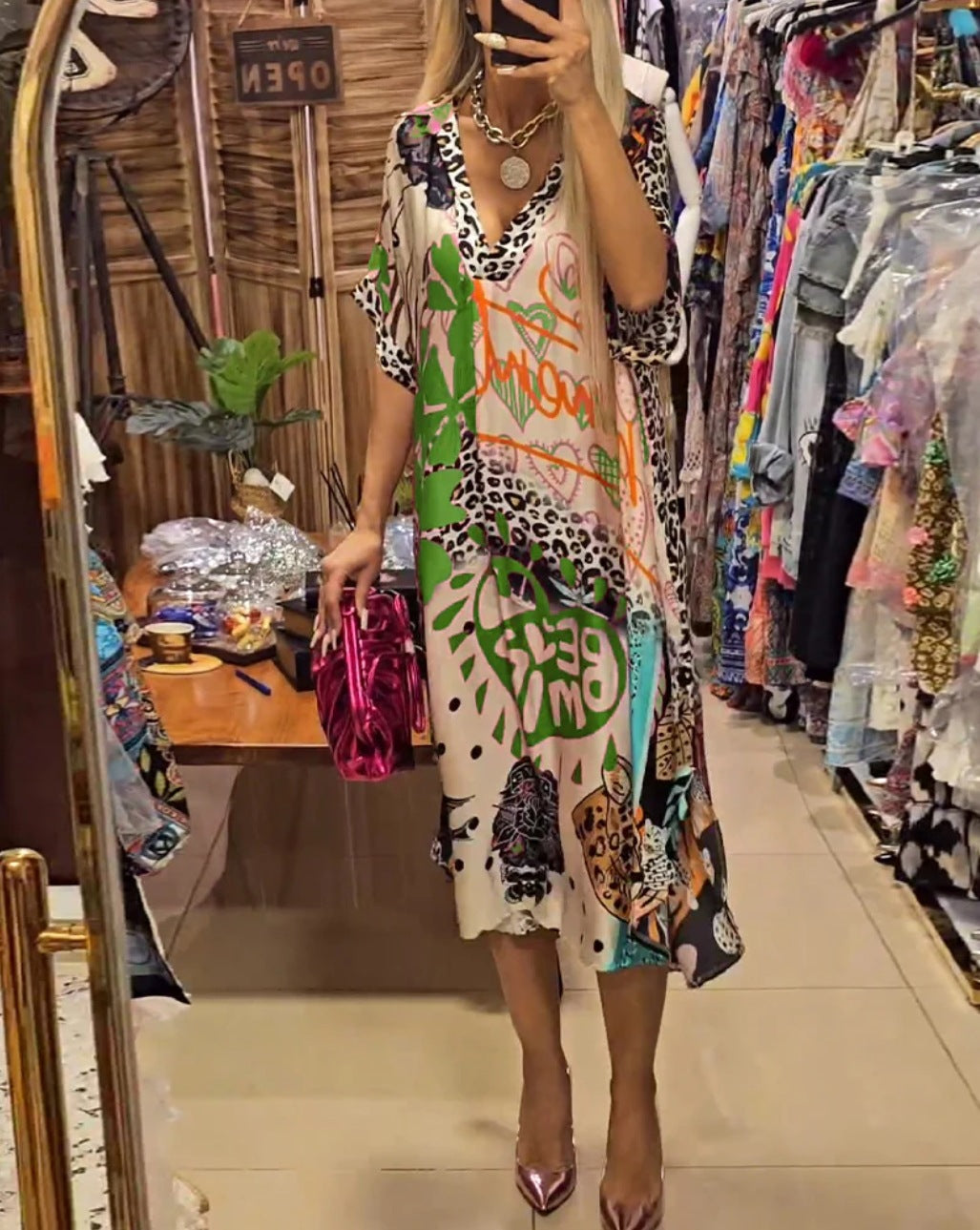 Casual Leopard Print Deep V-Neck Dress