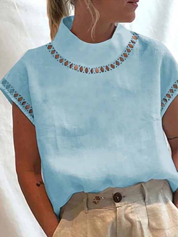 Hollow-Out High-Neck Linen Lace Casual Blouse