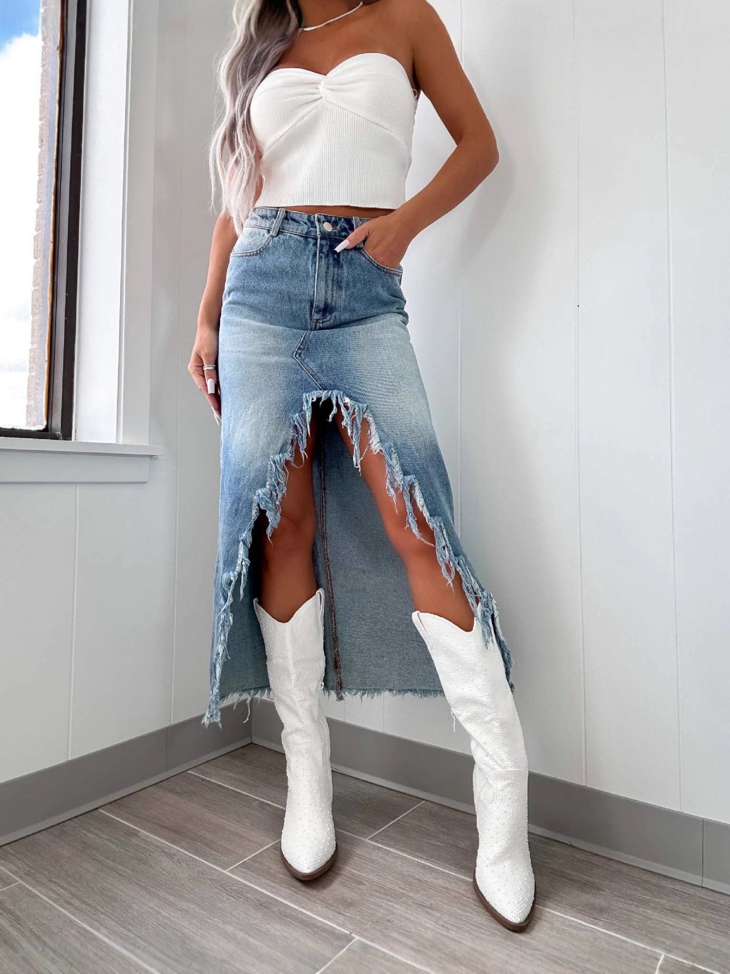 High-Waist Distressed Denim Skirt