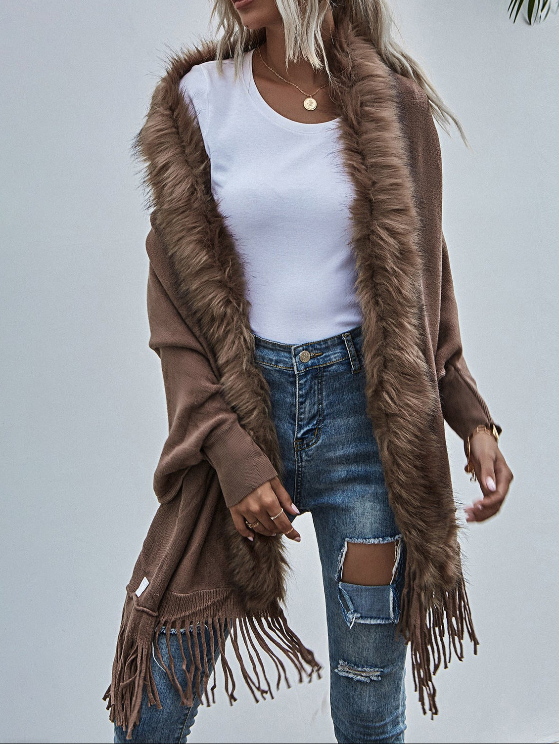 Faux Fur Collar Knit Cardigan