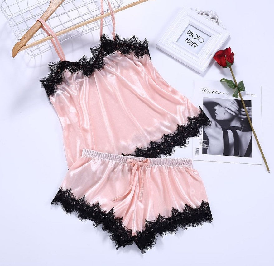 Faux Silk Lace Trim Two Piece Pajama Set