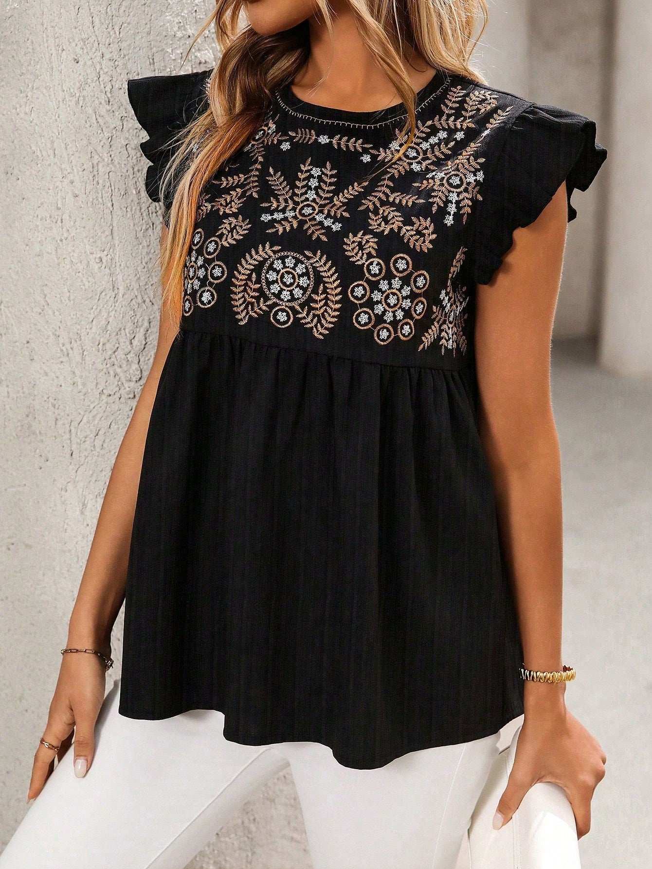 Embroidered Flutter Sleeve Top