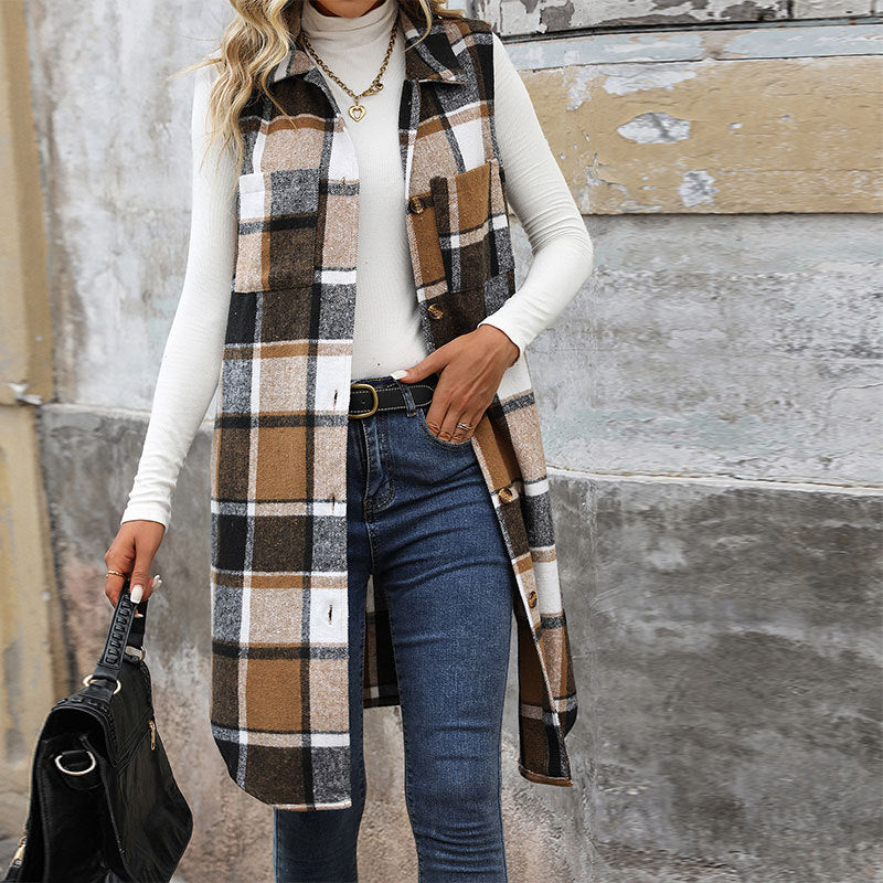 Plaid Button-Up Sleeveless Vest with Pockets