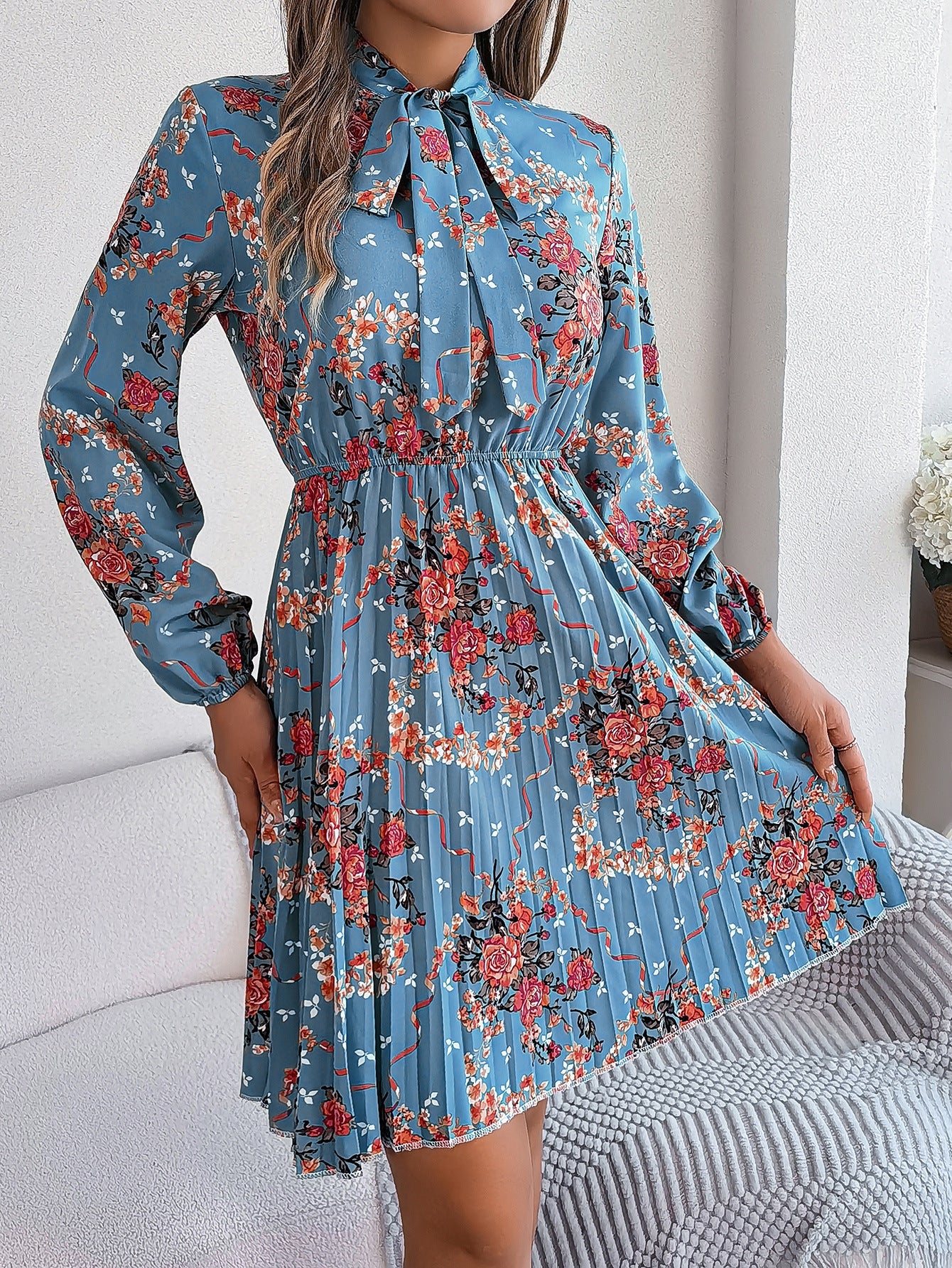 Floral Tie Waist Pleated Long Sleeve Dress