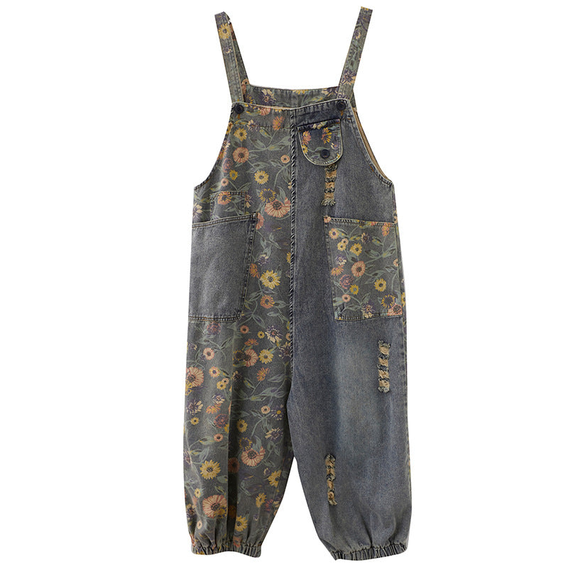 Plus Size Printed Denim Overalls