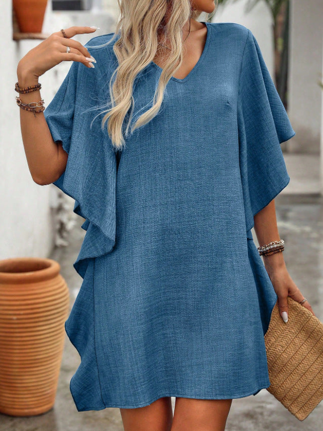 Women Solid Color Ruffle Loose V Neck Dress