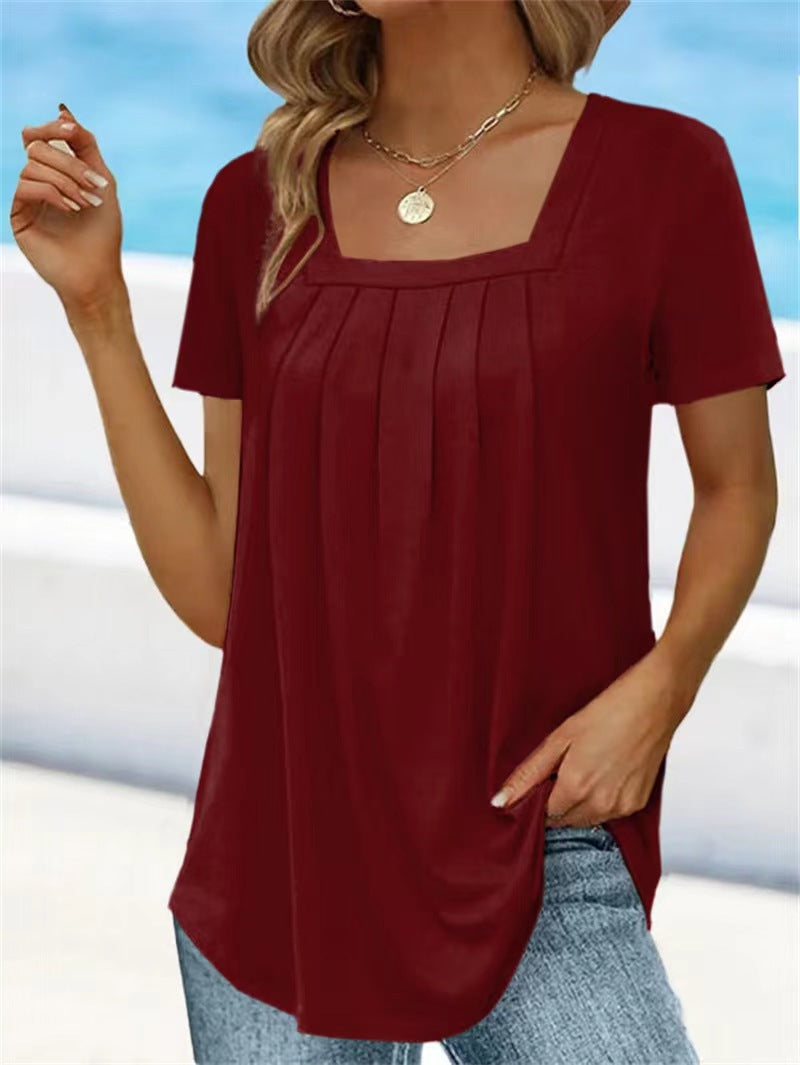 Square Neck Pleated Short Sleeve T-shirt