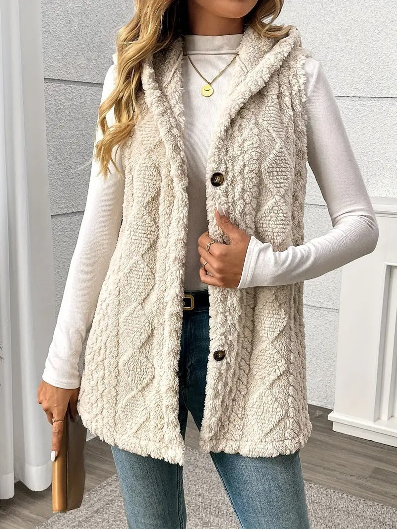 Double Sided Plush Hooded Button Front Vest for Women