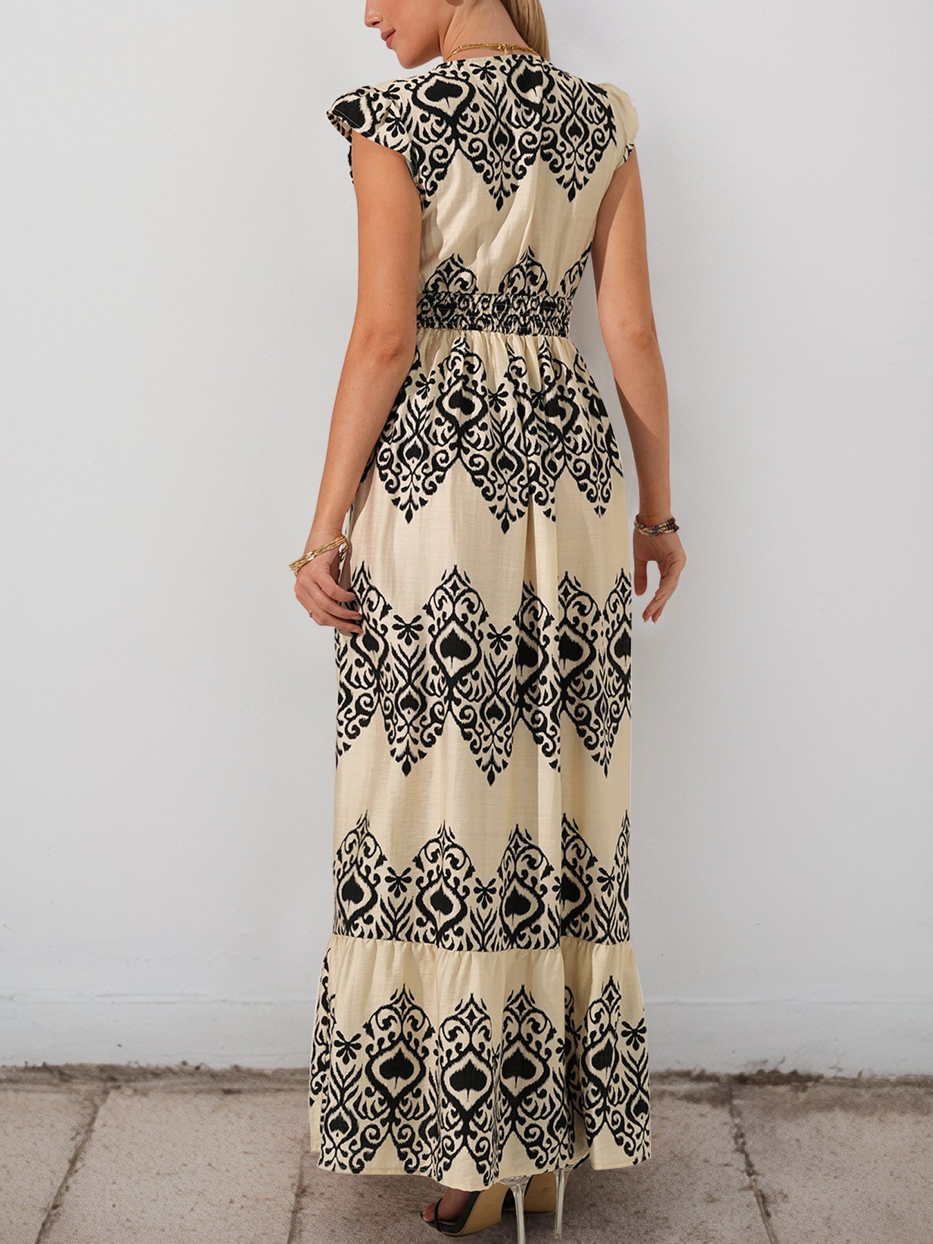 Boho Print V Neck Maxi Dress High Waist Ruffle Sleeve