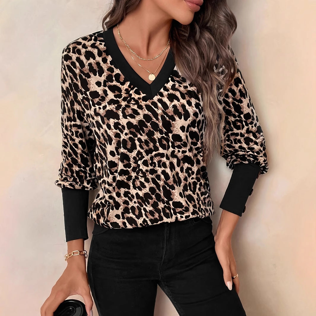 Leopard Print Long Sleeve V-Neck Top