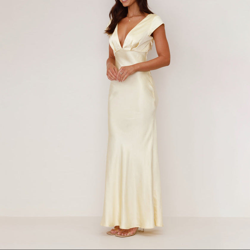 Women Deep V Neck Backless Slim Fit Midi Dress