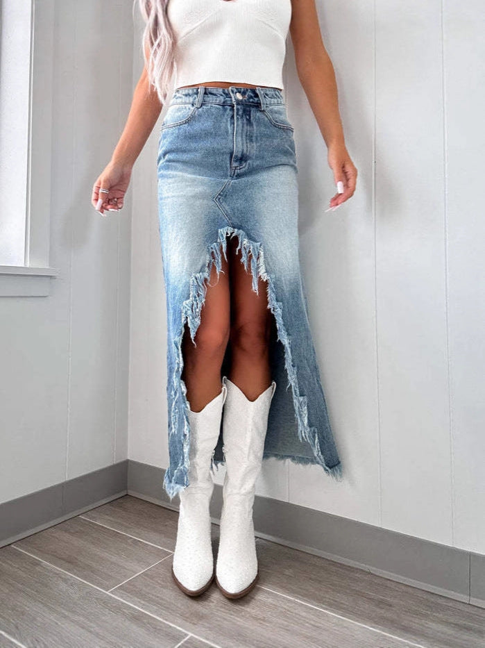 High-Waist Distressed Denim Skirt