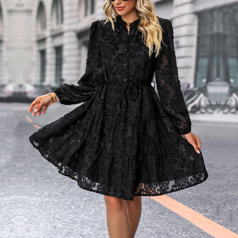 Lace Floral Button-Down Dress with Tie Waist