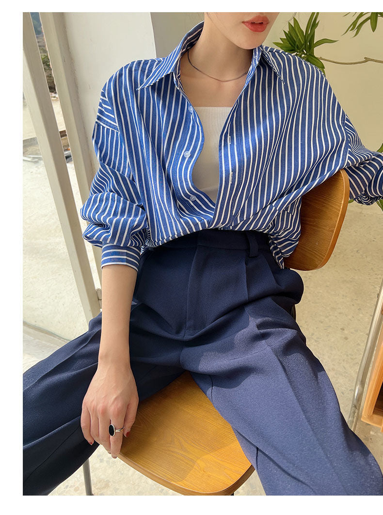 Relaxed Blue Striped Long Sleeve Shirt