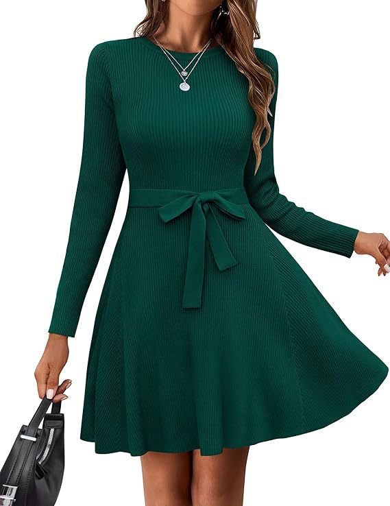 Ribbed Knit Long Sleeve Dress with Belt