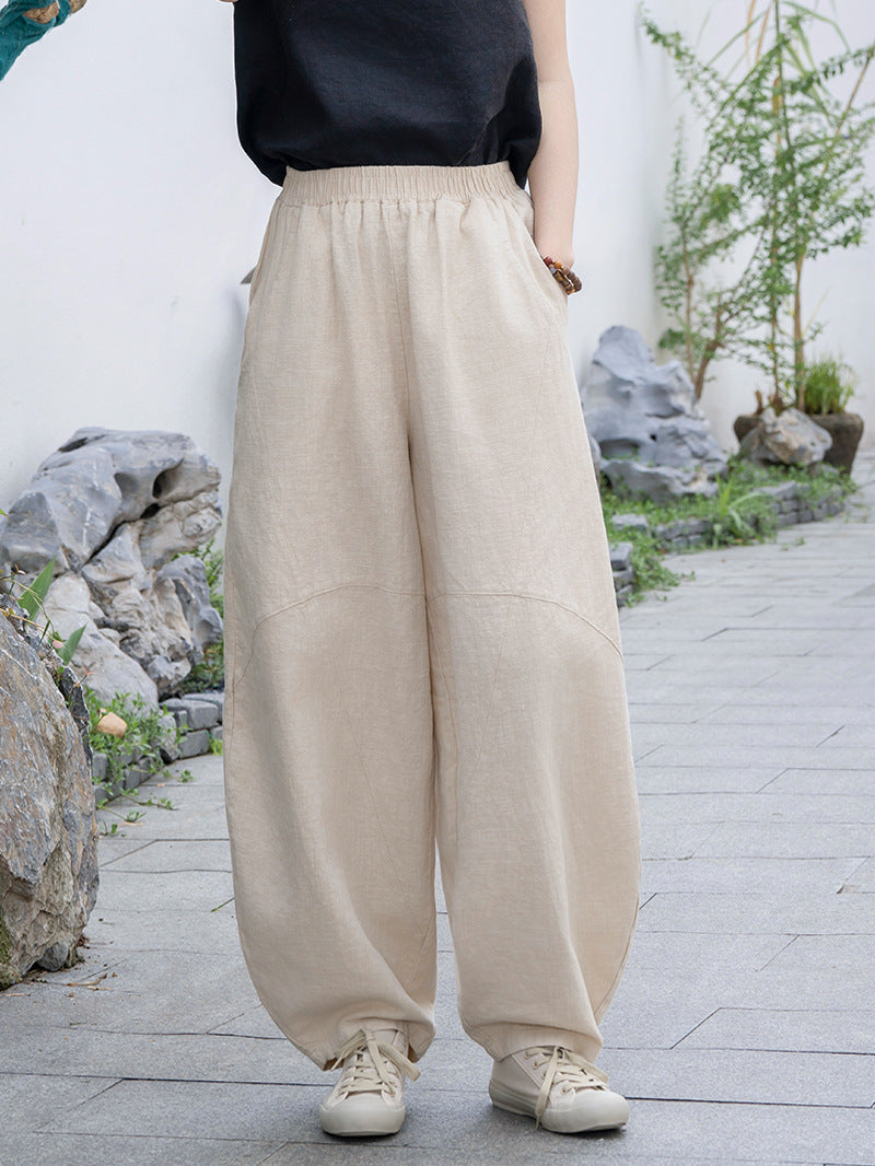 Linen Blend Lantern Wide-Leg Elastic Waist Pants