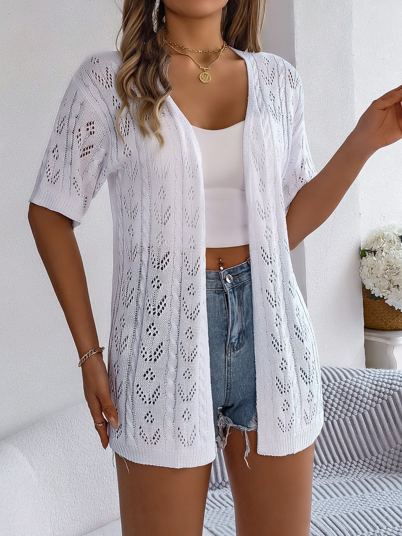 Hollow Out Short Sleeve Knit Cardigan