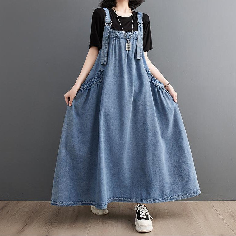 Vintage Washed Denim Overall Maxi Dress