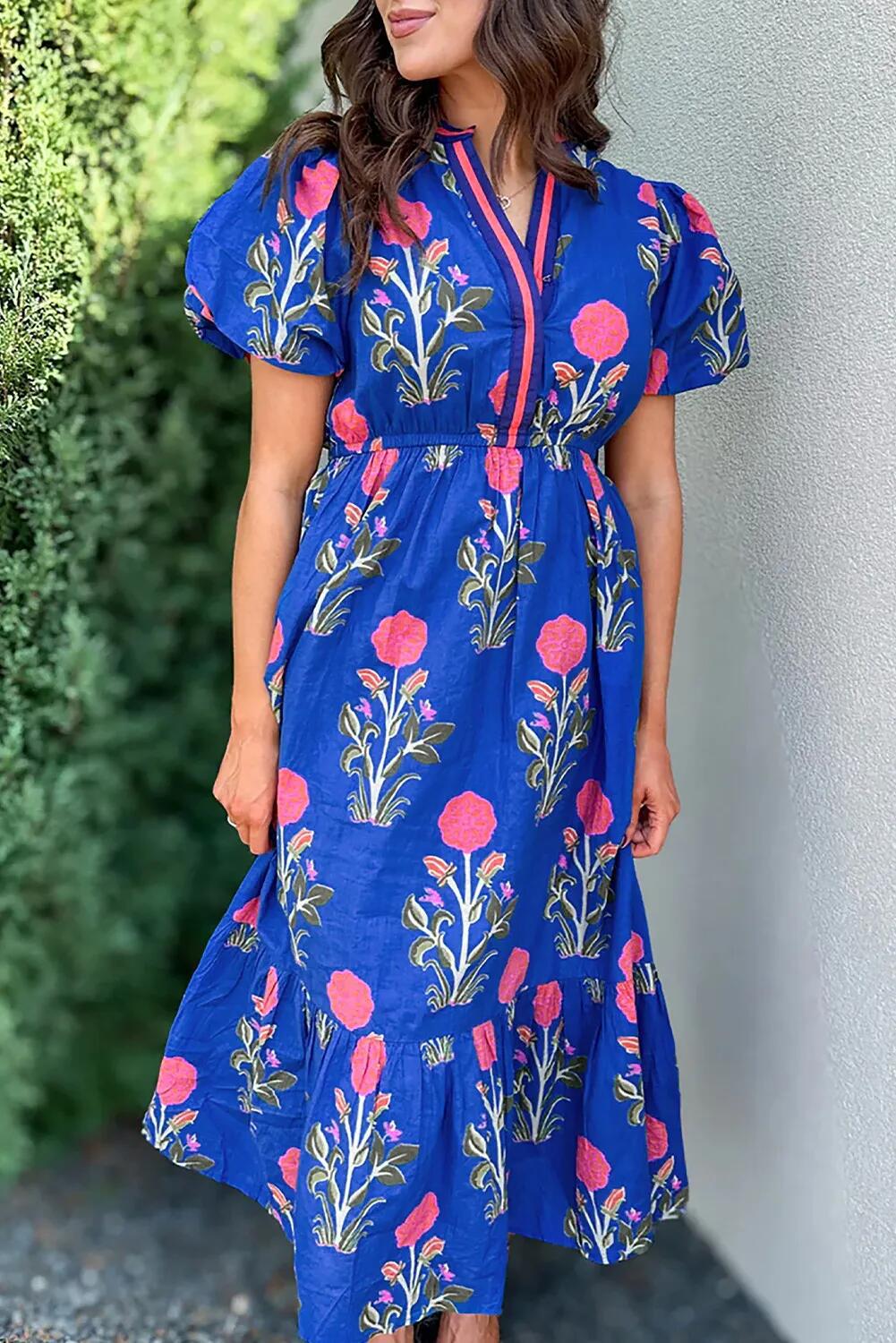 Floral V Neck Dress Women Casual Summer Dress